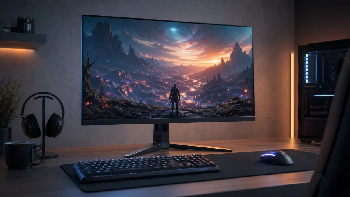 Modern gaming monitor on a desk with keyboard and mouse