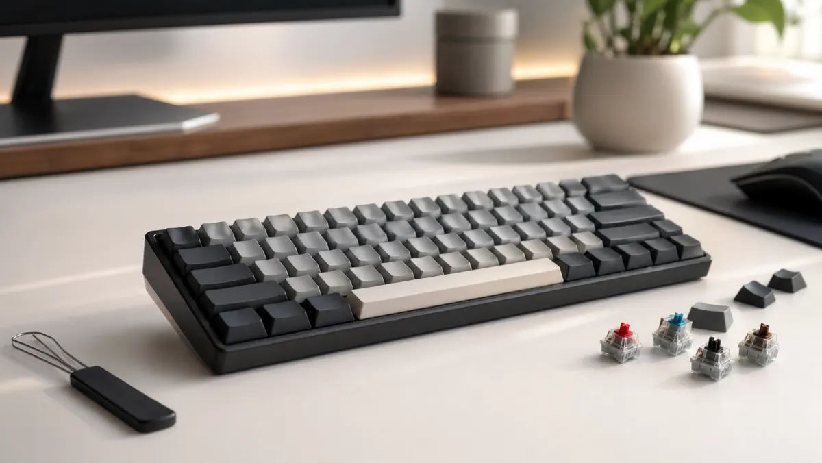 Compact mechanical keyboard on a desk with keycaps and switches nearby